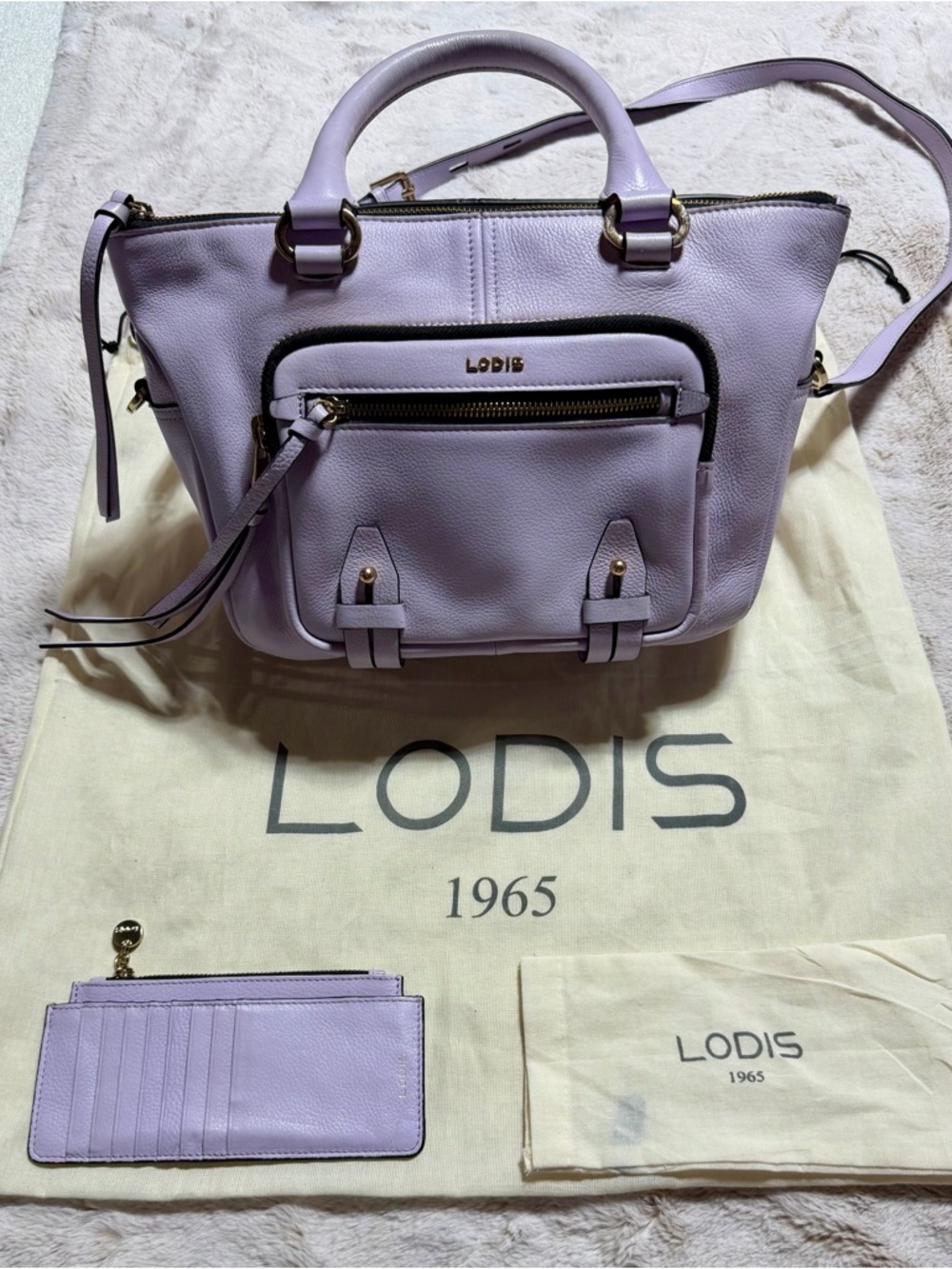 LODIS Small Leather Sport Satchel- Ellie /Lilac w/matching RFID Card Carrier